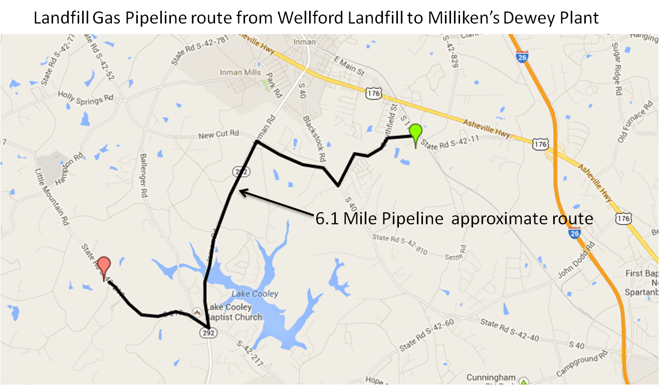 Landfill Gas Pipeline route from Wellford Landfill to Milliken's Dewey Plant